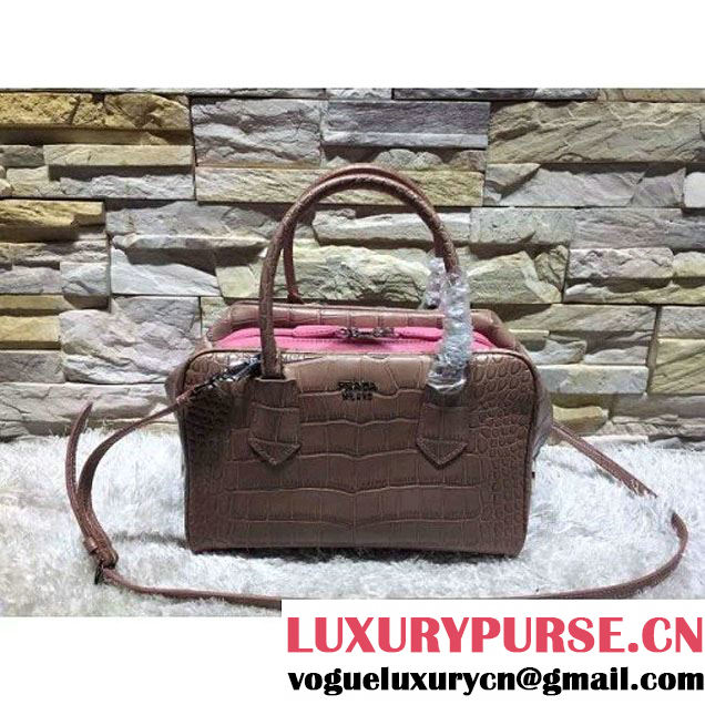 Prada Calfskin Crocodile Pattern Medium Inside Top Handle Bag Coffee+Peach Fall 2015 (2A193-110624 )