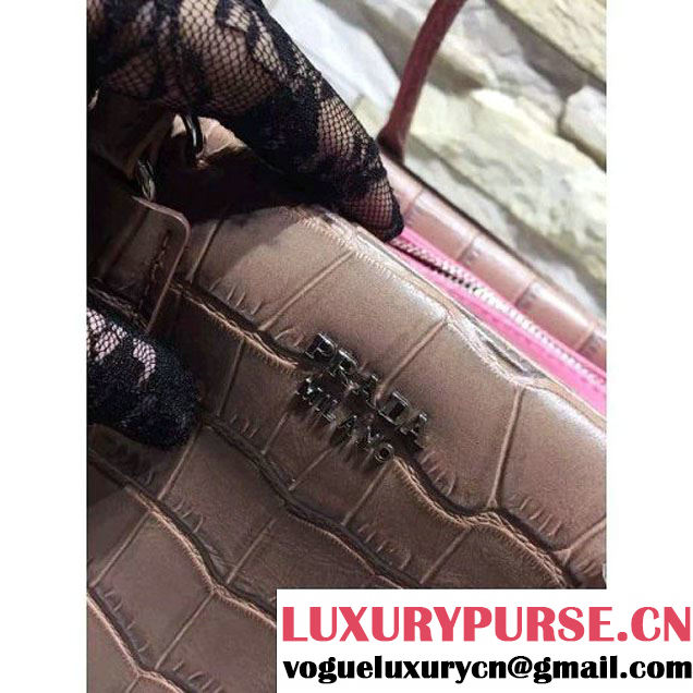 Prada Calfskin Crocodile Pattern Medium Inside Top Handle Bag Coffee+Peach Fall 2015  (2A193-110624 )