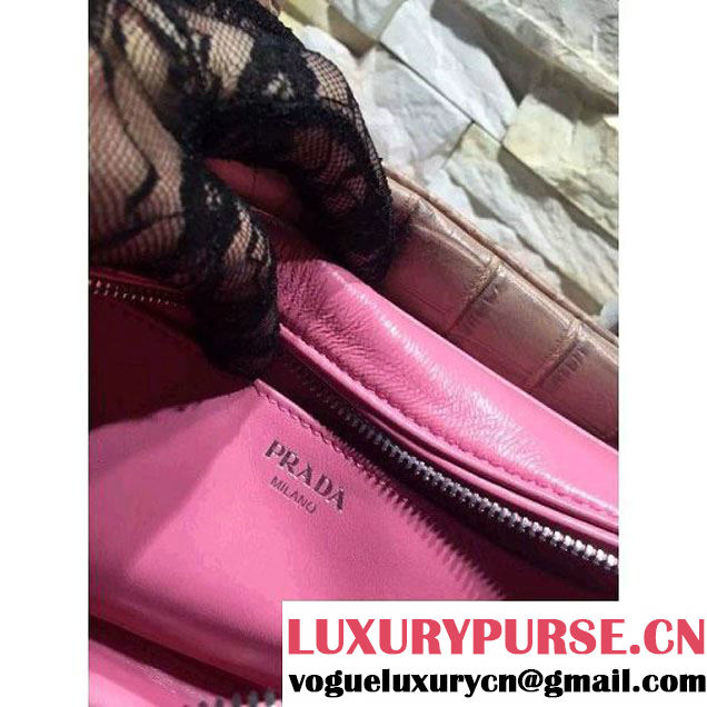 Prada Calfskin Crocodile Pattern Medium Inside Top Handle Bag Coffee+Peach Fall 2015  (2A193-110624 )