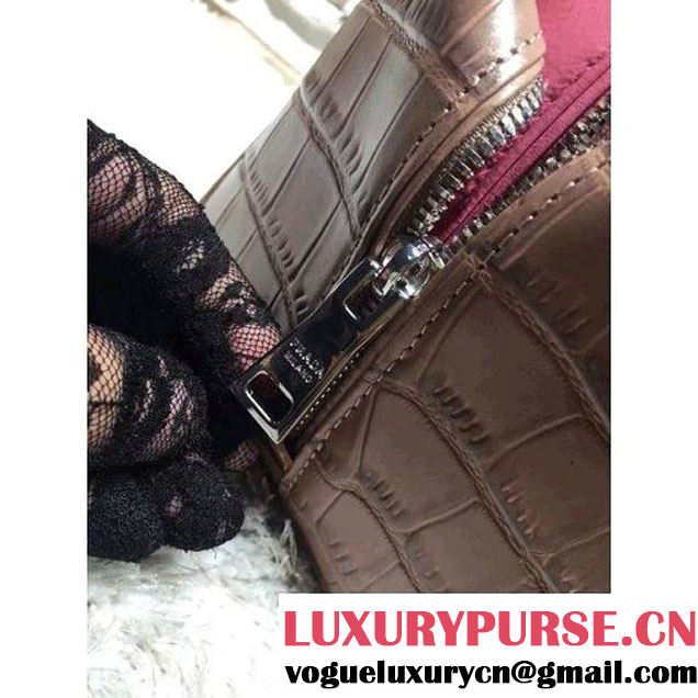 Prada Calfskin Crocodile Pattern Medium Inside Top Handle Bag Coffee+Peach Fall 2015  (2A193-110624 )