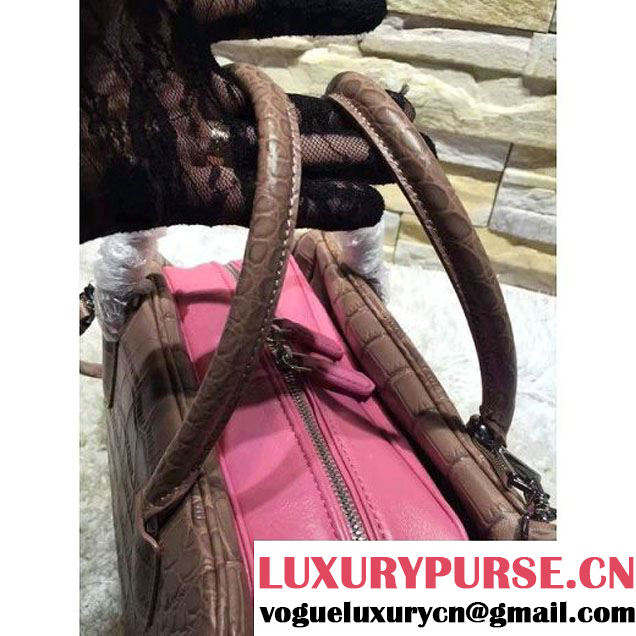 Prada Calfskin Crocodile Pattern Medium Inside Top Handle Bag Coffee+Peach Fall 2015  (2A193-110624 )