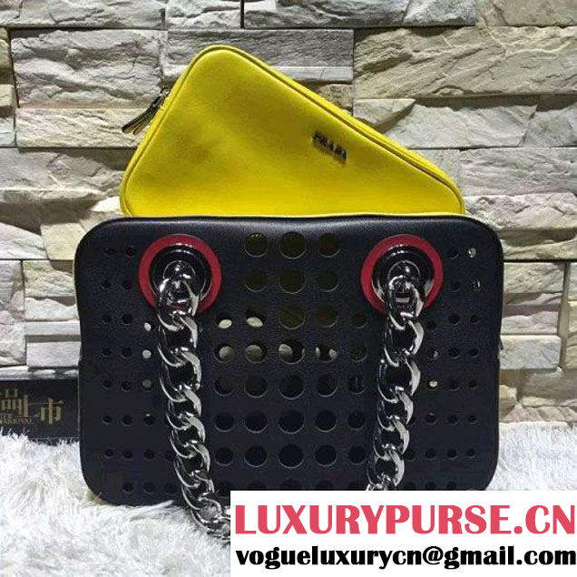 Prada Perforated City Fori Chain Shoulder Bag Yellow/Black Resort 2016 (2A193-6012801 )