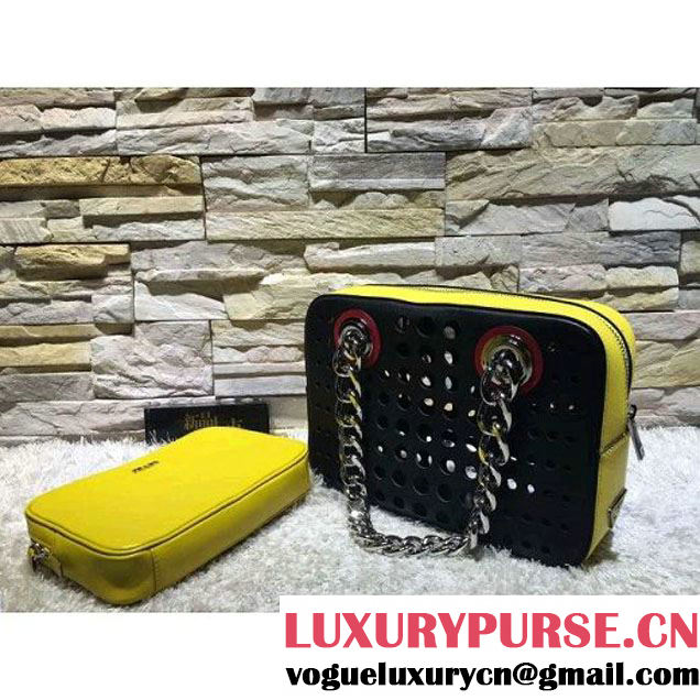 Prada Perforated City Fori Chain Shoulder Bag Yellow/Black Resort 2016 (2A193-6012801 )