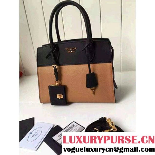 Prada Small Esplanade Saffiano and Calf Leather Bag Camel/Black 2016 (2A016-6060407 )