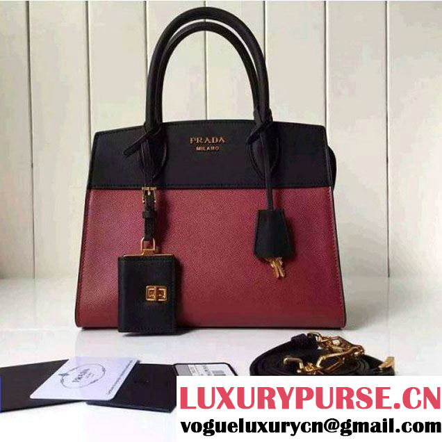 Prada Small Esplanade Saffiano and Calf Leather Bag Burgundy/Black 2016 (2A016-6060408 )