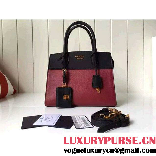 Prada Small Esplanade Saffiano and Calf Leather Bag Burgundy/Black 2016 (2A016-6060408 )