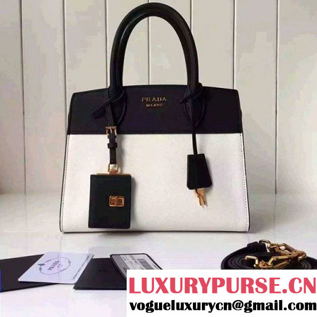 Prada Small Esplanade Saffiano and Calf Leather Bag White/Black 2016 (2A016-6060409 )