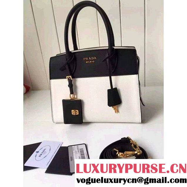 Prada Small Esplanade Saffiano and Calf Leather Bag White/Black 2016 (2A016-6060409 )