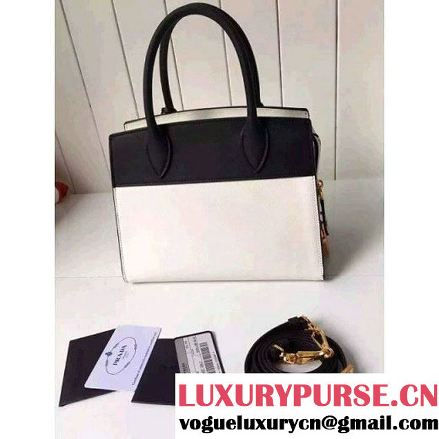 Prada Small Esplanade Saffiano and Calf Leather Bag White/Black 2016 (2A016-6060409 )