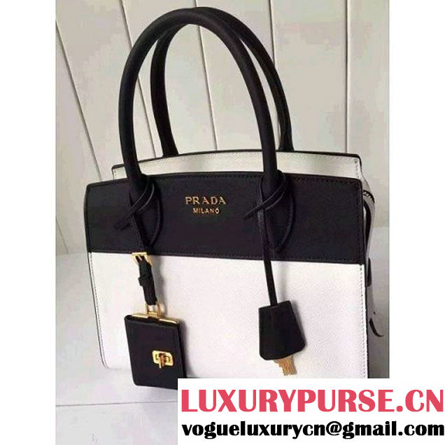 Prada Small Esplanade Saffiano and Calf Leather Bag White/Black 2016 (2A016-6060409 )