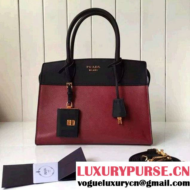 Prada 1BA046 Medium Esplanade Saffiano and Calf Leather Bag Burgundy/Black 2016 (2A016-6061203 )