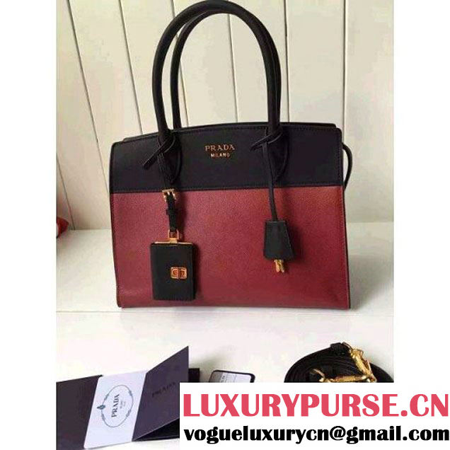 Prada 1BA046 Medium Esplanade Saffiano and Calf Leather Bag Burgundy/Black 2016 (2A016-6061203 )