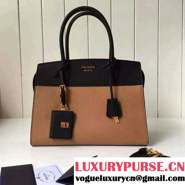 Prada 1BA046 Medium Esplanade Saffiano and Calf Leather Bag Camel/Black 2016 (2A016-6061204 )