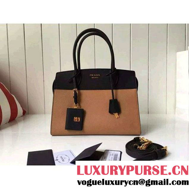 Prada 1BA046 Medium Esplanade Saffiano and Calf Leather Bag Camel/Black 2016 (2A016-6061204 )