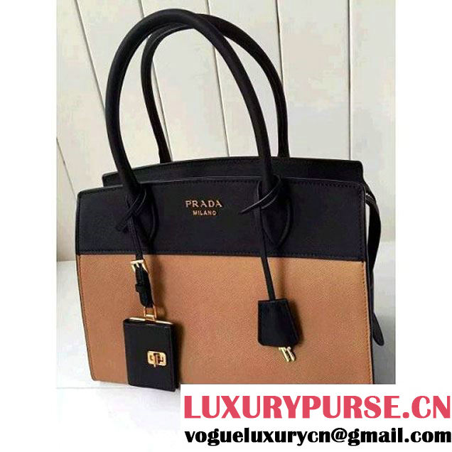 Prada 1BA046 Medium Esplanade Saffiano and Calf Leather Bag Camel/Black 2016 (2A016-6061204 )