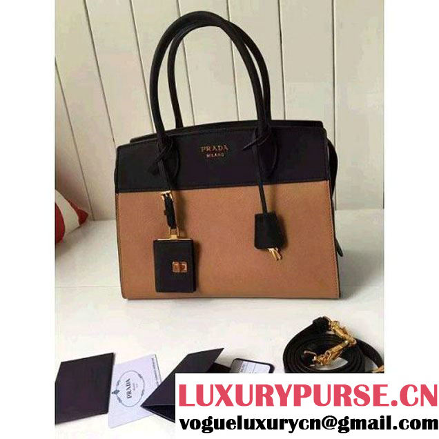 Prada 1BA046 Medium Esplanade Saffiano and Calf Leather Bag Camel/Black 2016 (2A016-6061204 )