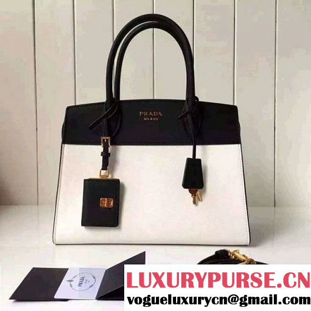 Prada 1BA046 Medium Esplanade Saffiano and Calf Leather Bag Whtie/Black 2016 (2A016-6061205 )