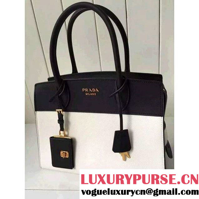 Prada 1BA046 Medium Esplanade Saffiano and Calf Leather Bag Whtie/Black 2016 (2A016-6061205 )