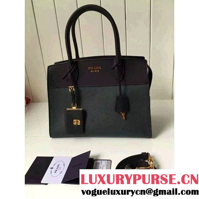 Prada 1BA046 Medium Esplanade Saffiano and Calf Leather Bag Dark Green/Black 2016 (2A016-6061206 )
