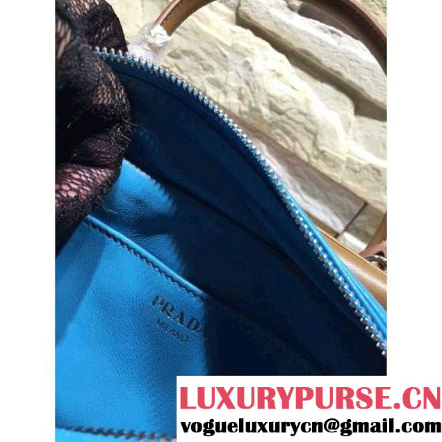 Prada 1BB010 Medium Inside Top Handle Bag Camel+Turquoise Fall 2015 (2a193-6082441 )