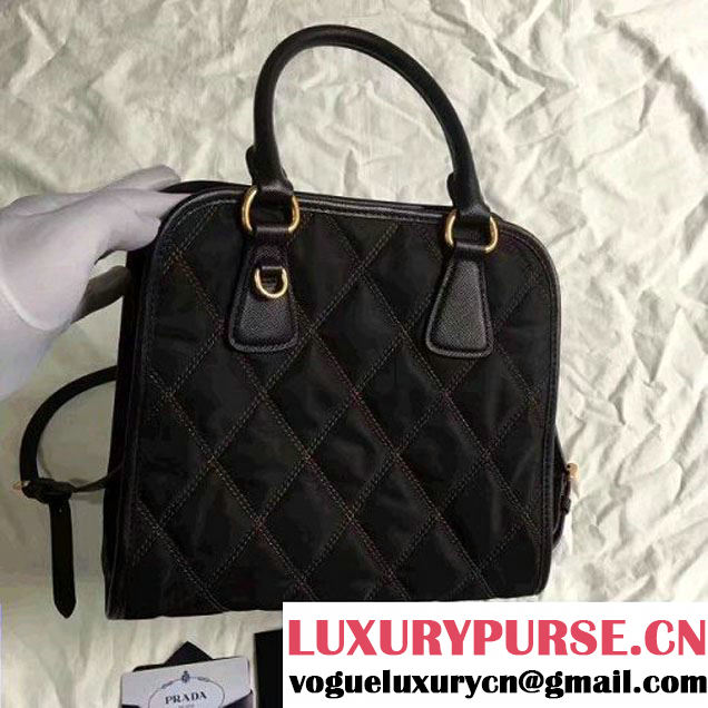 Prada Quilt Quilted Fabric Top Handle Bag 1BA100 Black 2017 (2A016-7021318 )