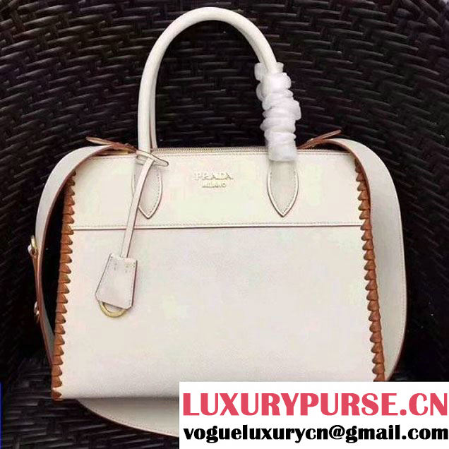 Prada 1BA102 Paradigme Bag With Whip-stitched Frame White/Caramel 2017 (GYF-7060140 )