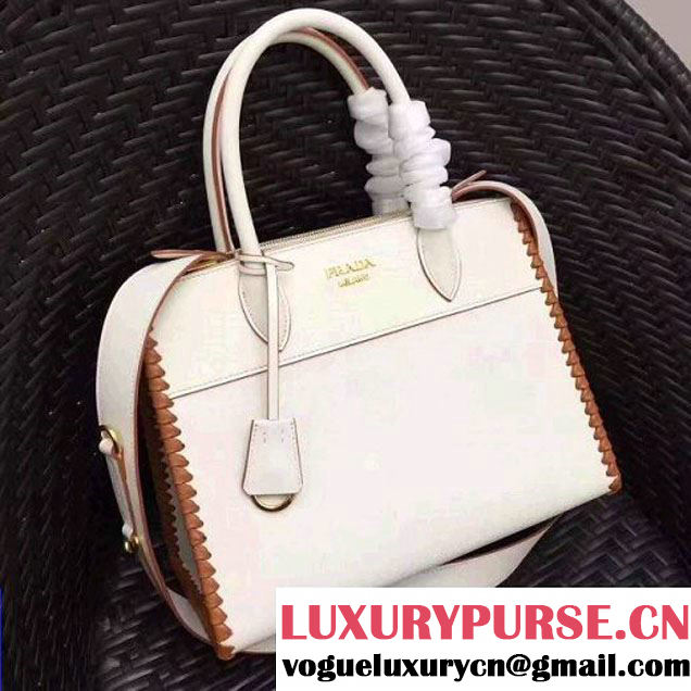 Prada 1BA102 Paradigme Bag With Whip-stitched Frame White/Caramel 2017 (GYF-7060140 )