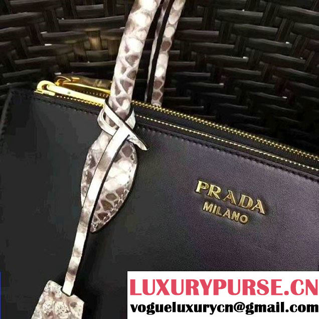 Prada 1BA102 Calf Leather Paradigme Bag With Python Handle Black/Grey 2017 (GYF-7060141 )
