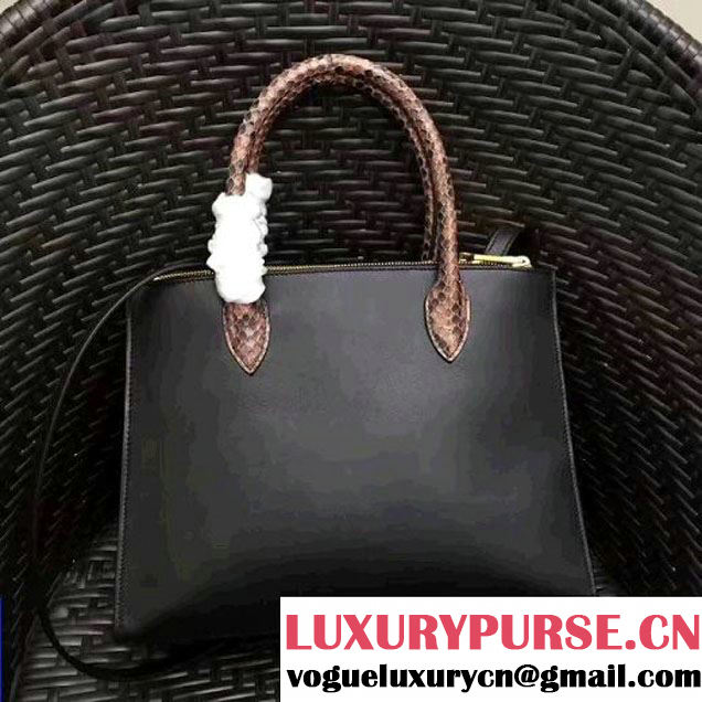 Prada 1BA102 Calf Leather Paradigme Bag With Python Handle Black/Deep Red 2017 (GYF-7060142 )