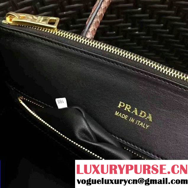 Prada 1BA102 Calf Leather Paradigme Bag With Python Handle Black/Deep Red 2017 (GYF-7060142 )