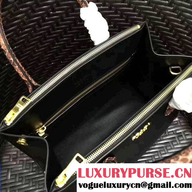 Prada 1BA102 Calf Leather Paradigme Bag With Python Handle Black/Deep Red 2017 (GYF-7060142 )