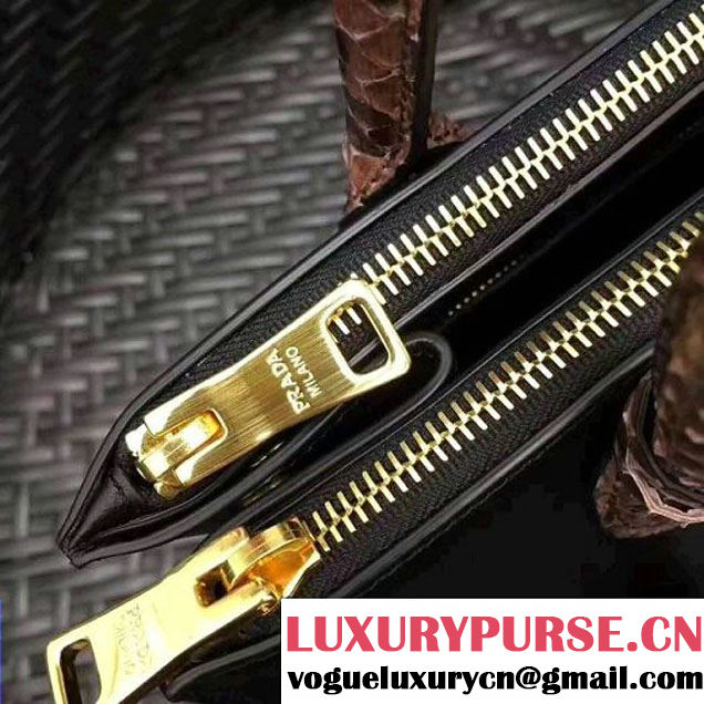 Prada 1BA102 Calf Leather Paradigme Bag With Python Handle Black/Deep Red 2017 (GYF-7060142 )