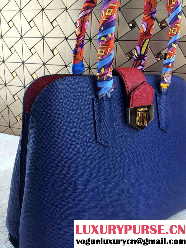 Prada Top Handle Patent Saffiano Leather Tote Bag in Blue