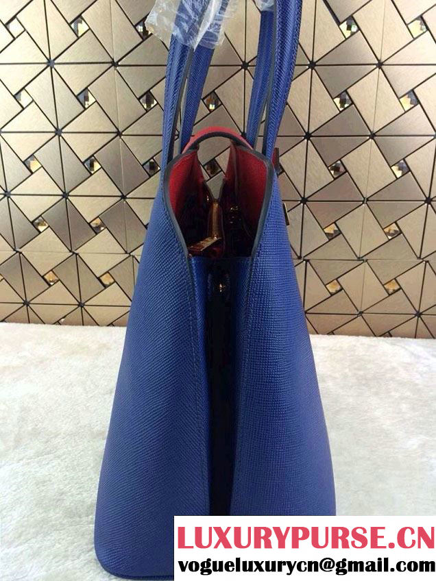 Prada Top Handle Patent Saffiano Leather Tote Bag in Blue