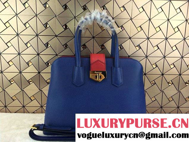 Prada Top Handle Patent Saffiano Leather Tote Bag in Blue