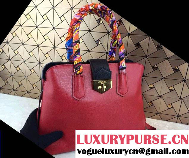 Prada Top Handle Patent Saffiano Leather Tote Bag in Red