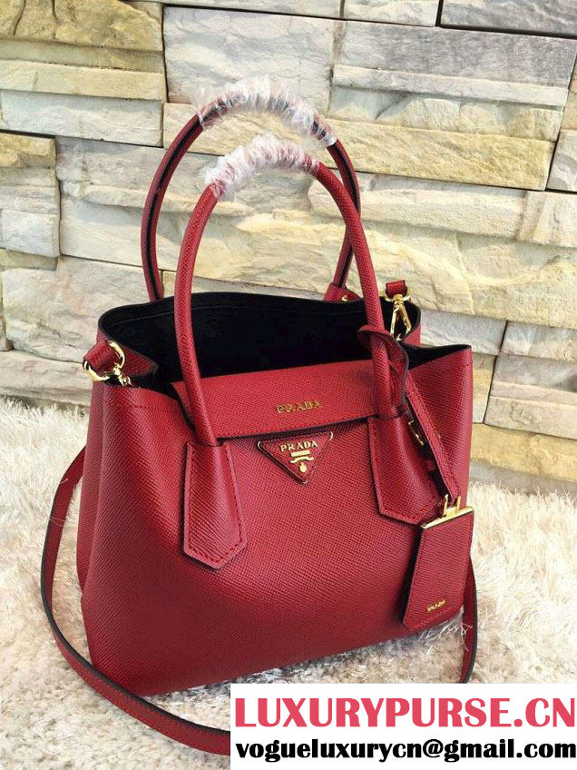 Prada Saffiano Cuir Leather Double Tote Mini Bag BN2668 Red 2015