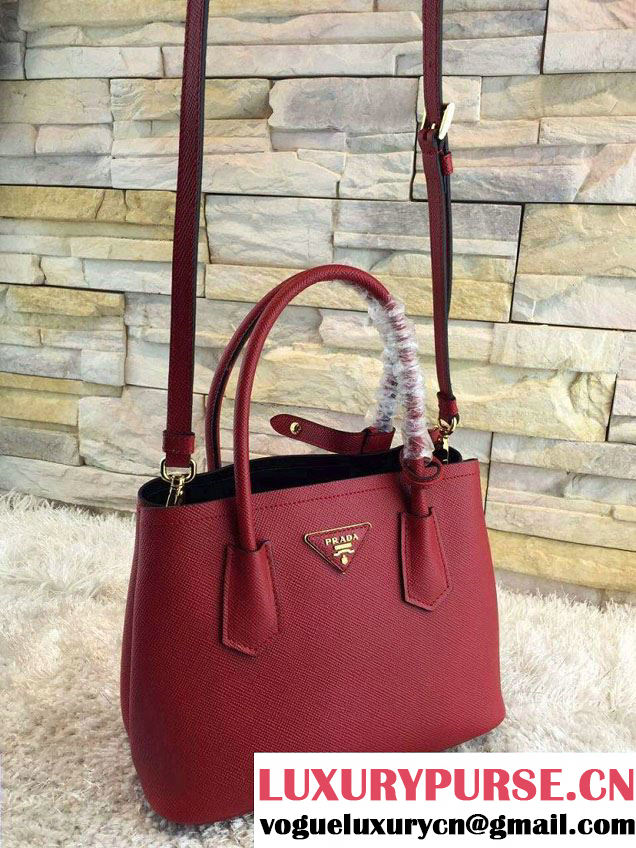 Prada Saffiano Cuir Leather Double Tote Mini Bag BN2668 Red 2015