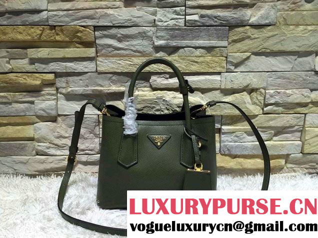 Prada Saffiano Cuir Leather Double Tote Mini Bag BN2668 Dark Green 2015