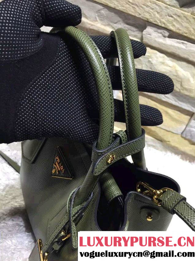Prada Saffiano Cuir Leather Double Tote Mini Bag BN2668 Dark Green 2015