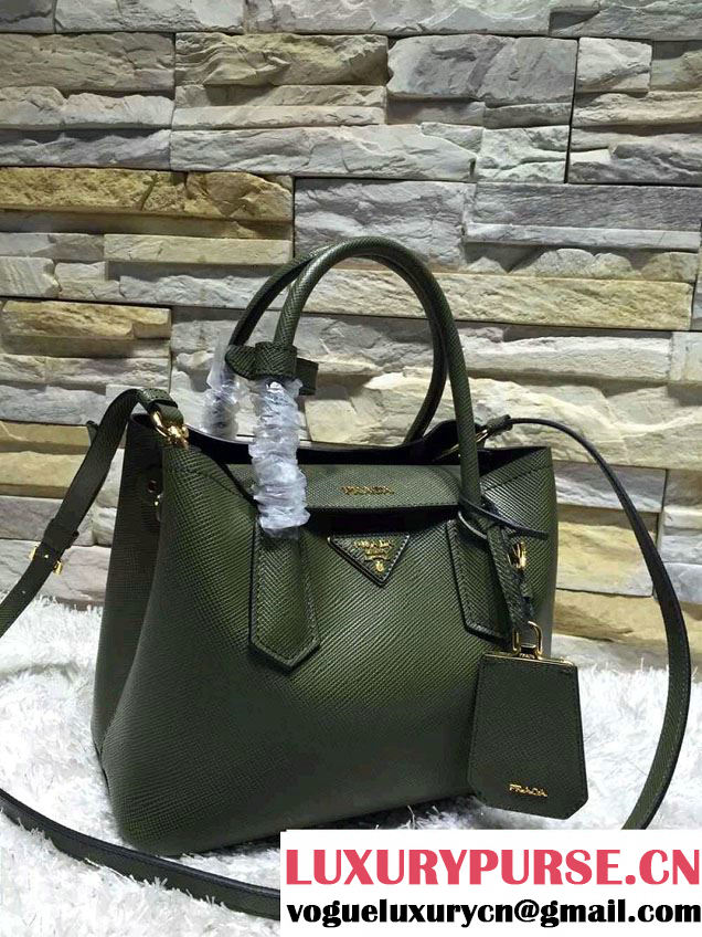 Prada Saffiano Cuir Leather Double Tote Mini Bag BN2668 Dark Green 2015