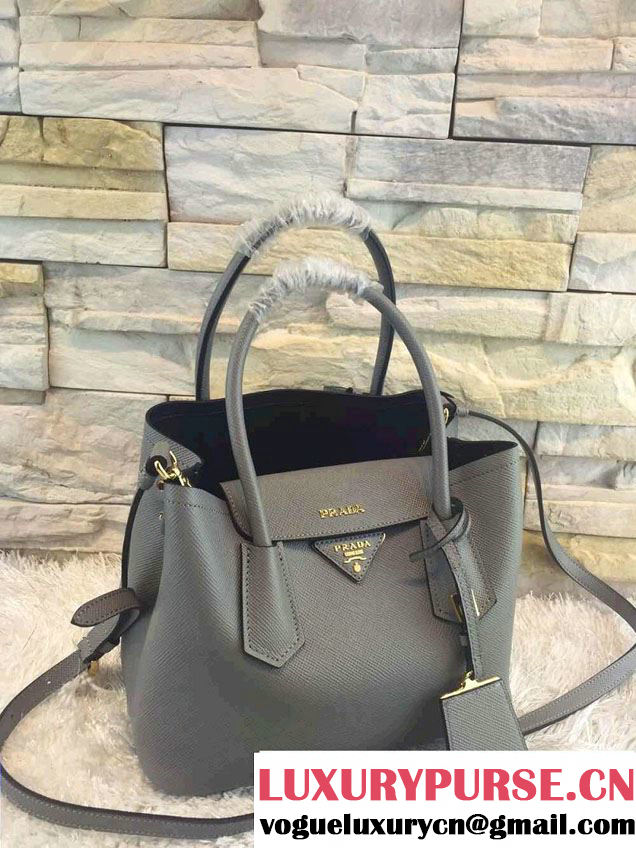 Prada Saffiano Cuir Leather Double Tote Mini Bag BN2668 Gray 2015