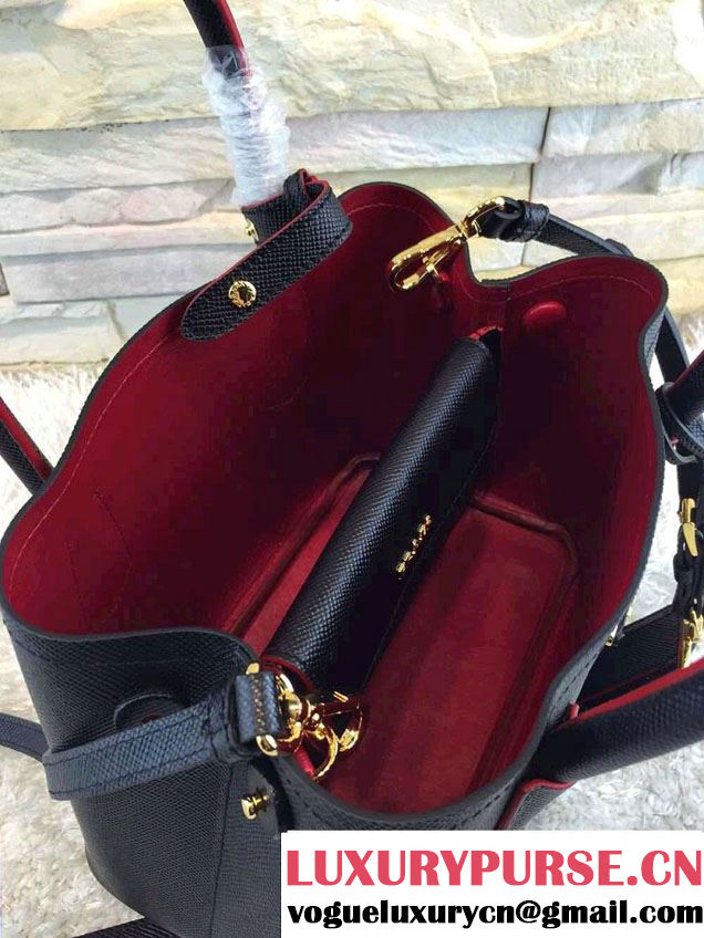Prada Saffiano Cuir Leather Double Tote Mini Bag BN2668 Black 2015