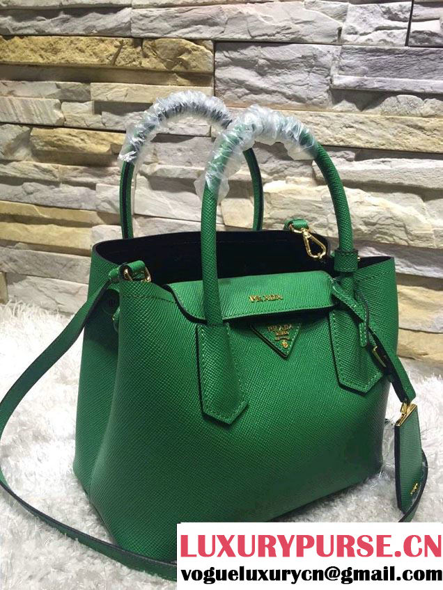 Prada Saffiano Cuir Leather Double Tote Mini Bag BN2668 Green 2015