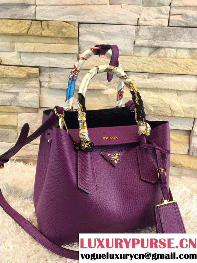 Prada Saffiano Cuir Leather Double Tote Mini Bag BN2668 Purple 2015