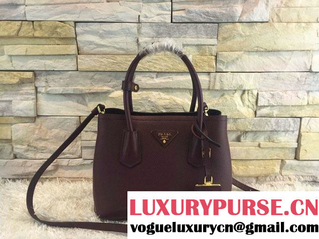 Prada Saffiano Cuir Leather Double Tote Mini Bag BN2668 Burgundy 2015