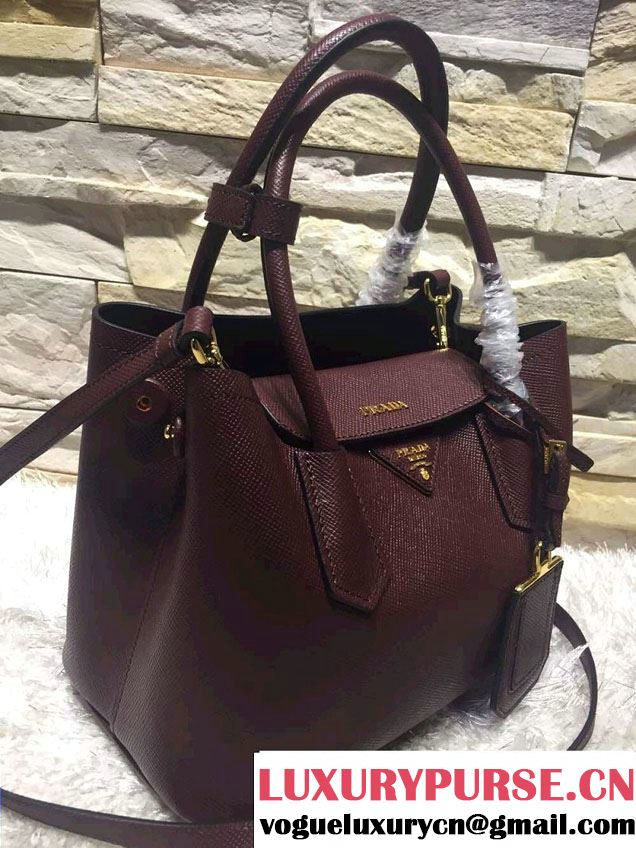 Prada Saffiano Cuir Leather Double Tote Mini Bag BN2668 Burgundy 2015