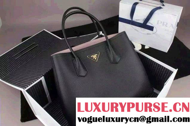 Prada Saffiano Cuir Leather Tote Small Bag BN2775 Black/Pink 2015