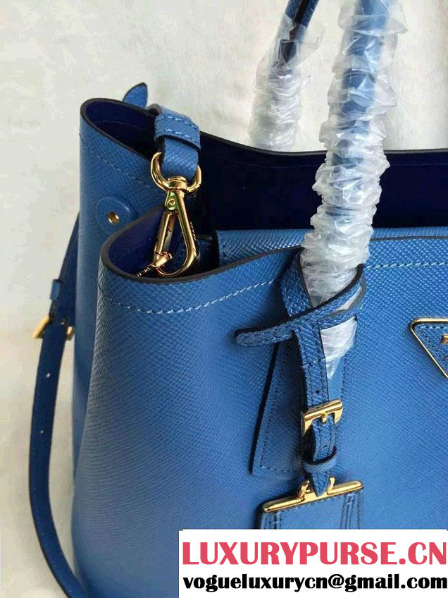 Prada Saffiano Cuir Leather Tote Small Bag BN2775 Blue 2015
