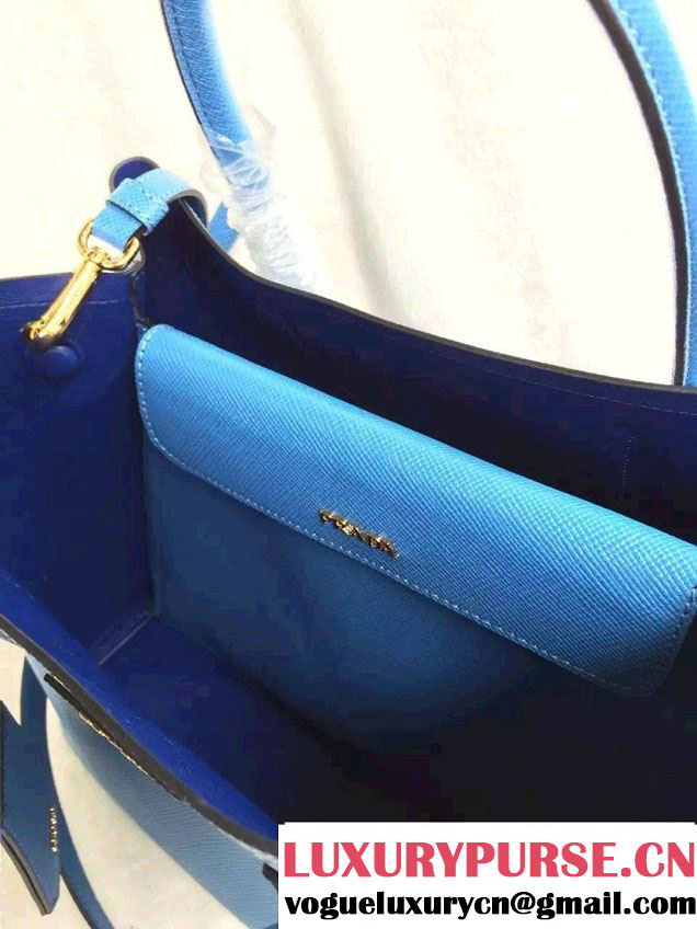 Prada Saffiano Cuir Leather Tote Small Bag BN2775 Blue 2015